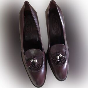 Tod's Oxblood Leather Women's Brown Loafer Pellame Tassel Heels